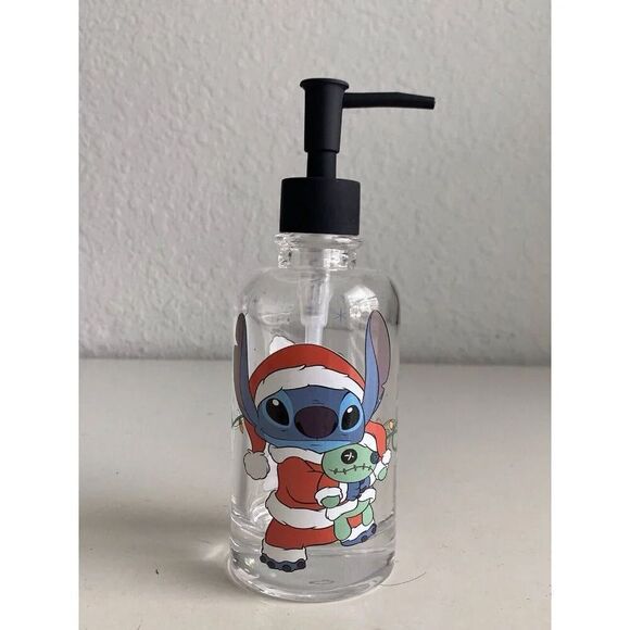 Disney Stitch & Scrump Christmas Santa Hat Soap Dispenser Clear Glass NEW - Picture 1 of 9